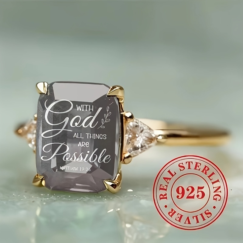 S925 Silver Rectangle Gray Crystal Engraved Bible Verse Ring